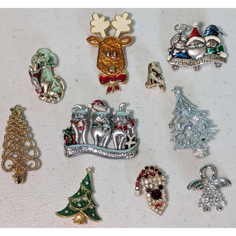 Holiday Christmas Brooches Lot of 10 Different Christmas Brooches Cat, Dog Santa